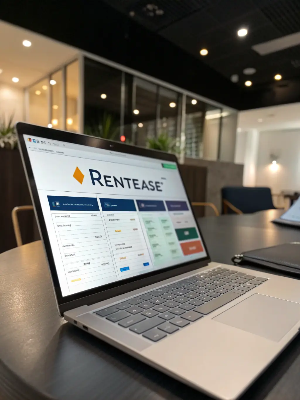 An image showcasing a user-friendly dashboard of the rental management software on a laptop screen, with features like listings, payments, and messaging visible.