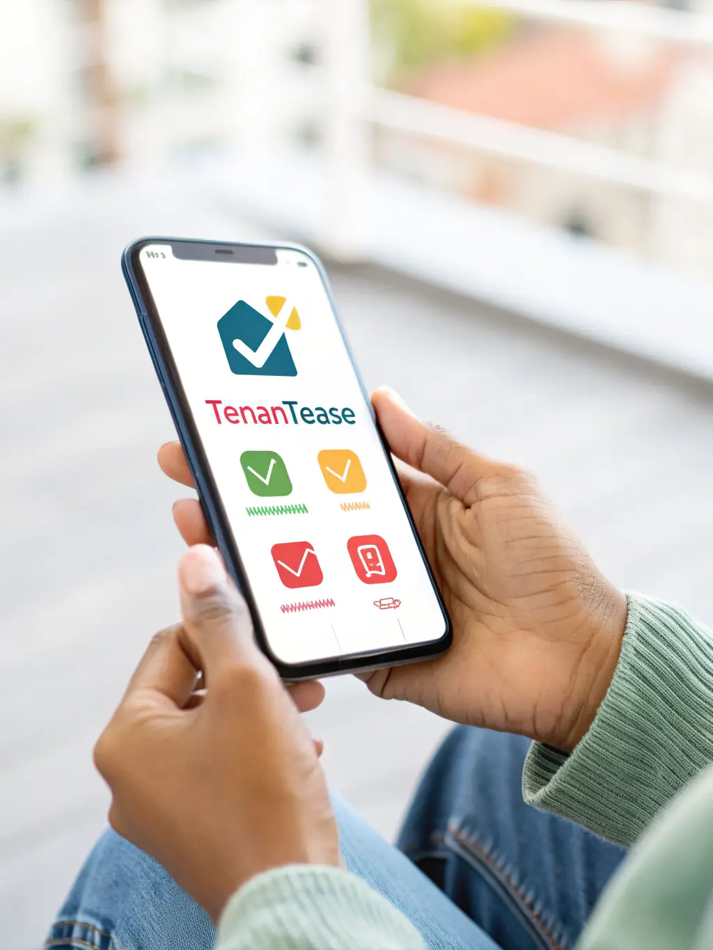 A digital illustration of a mobile app interface for tenants, showing features like rent payment, maintenance requests, and communication with landlords.